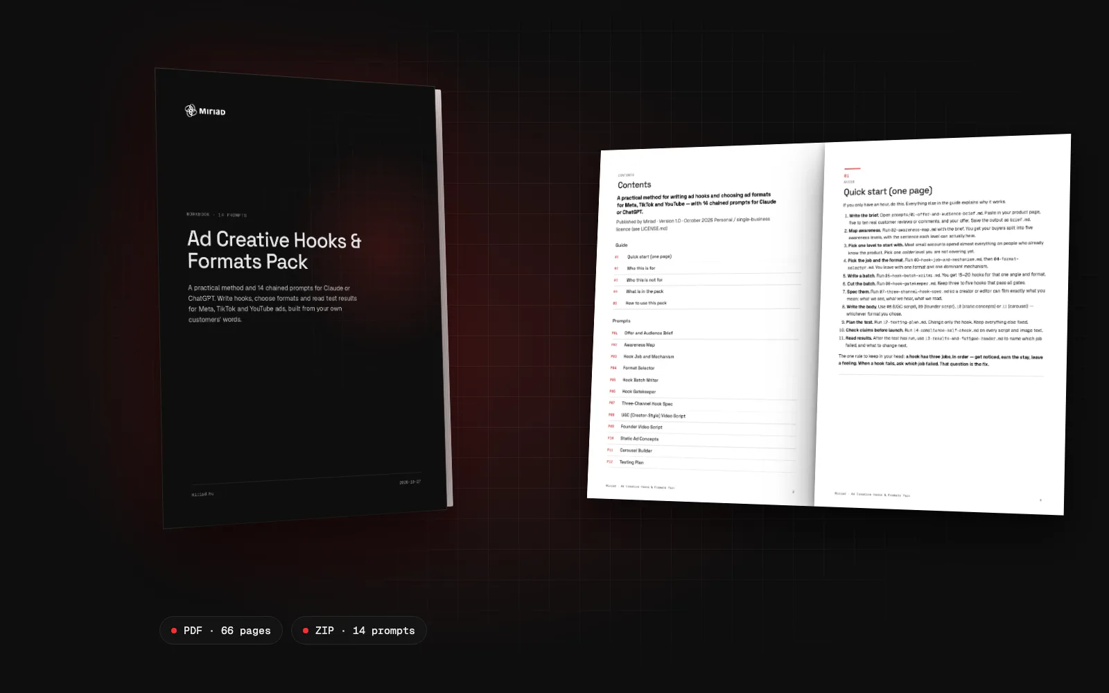 Ad Creative Hooks & Formats Pack: the workbook cover and two inside pages