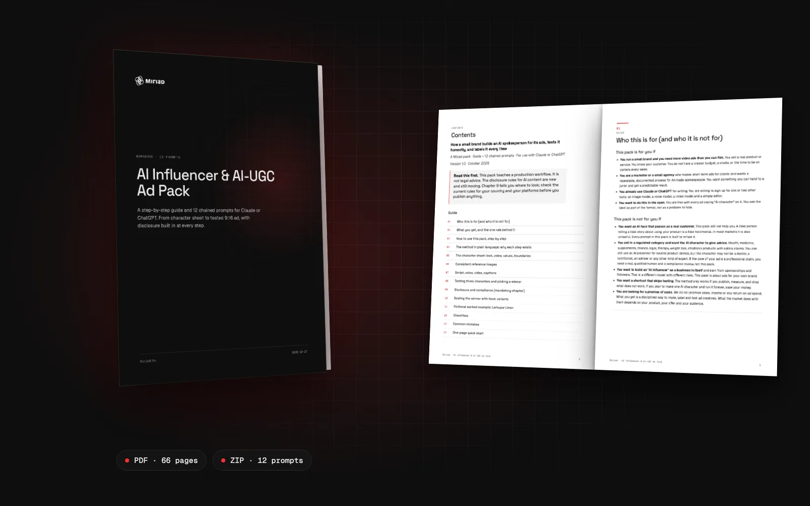 AI Influencer & AI-UGC Ad Pack: the workbook cover and two inside pages