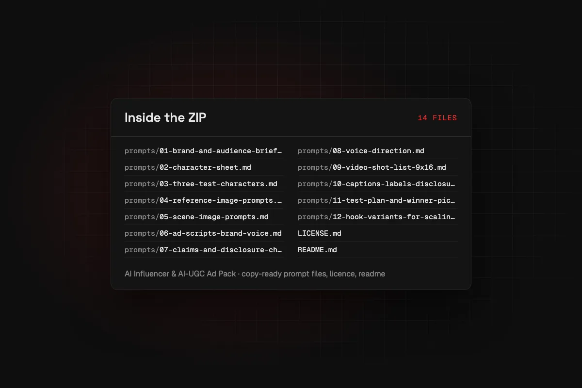 AI Influencer & AI-UGC Ad Pack: the file list of the downloadable ZIP