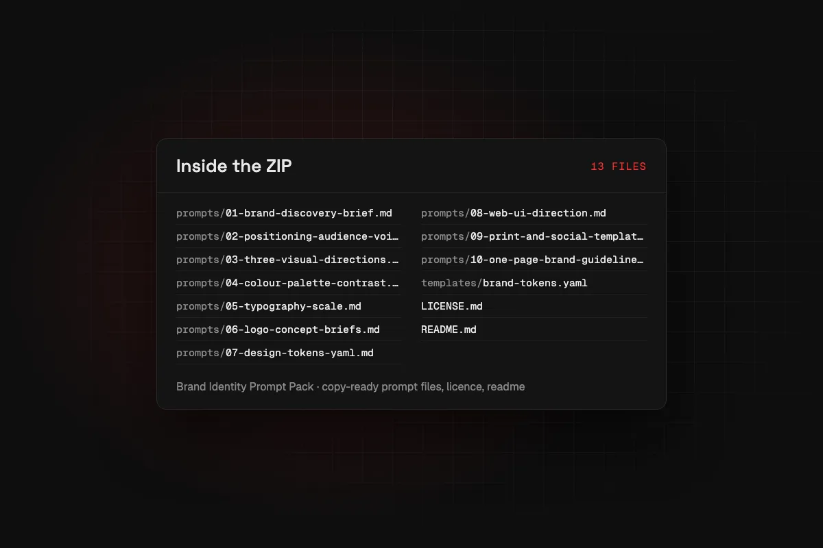 Brand Identity Prompt Pack: the file list of the downloadable ZIP