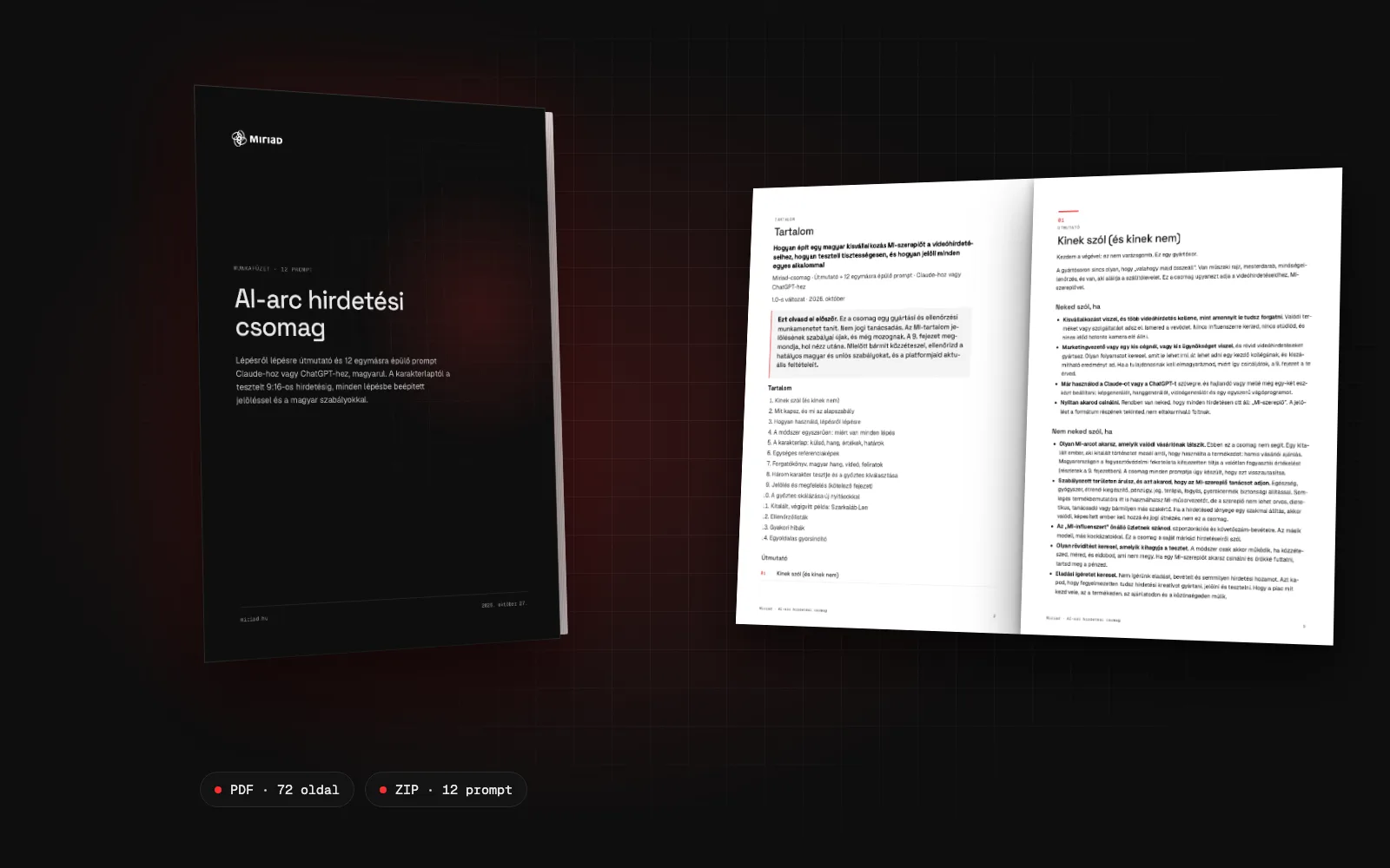 AI-arc hirdetési csomag: a munkafüzet borítója és két belső oldala