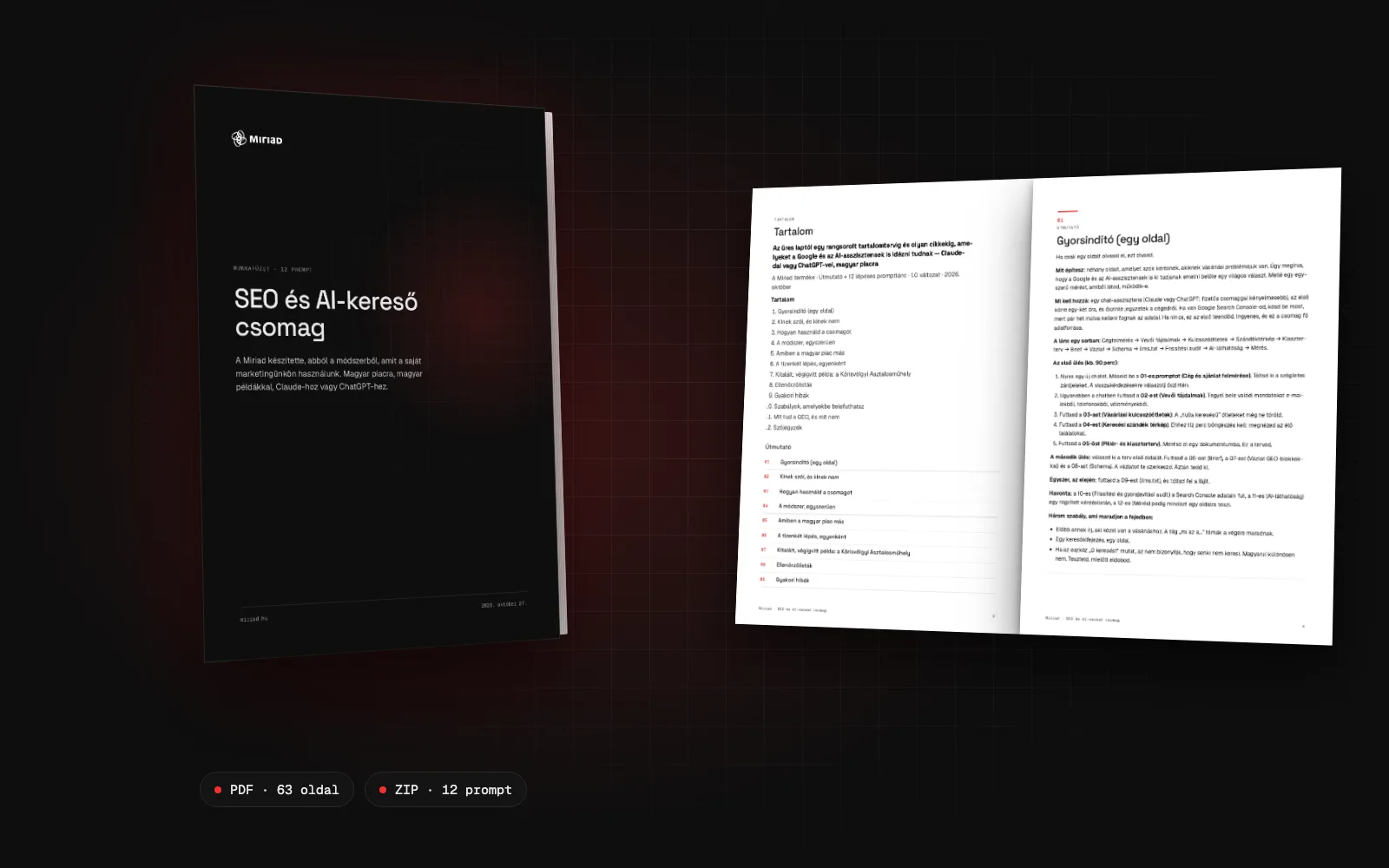 SEO és AI-kereső csomag: a munkafüzet borítója és két belső oldala